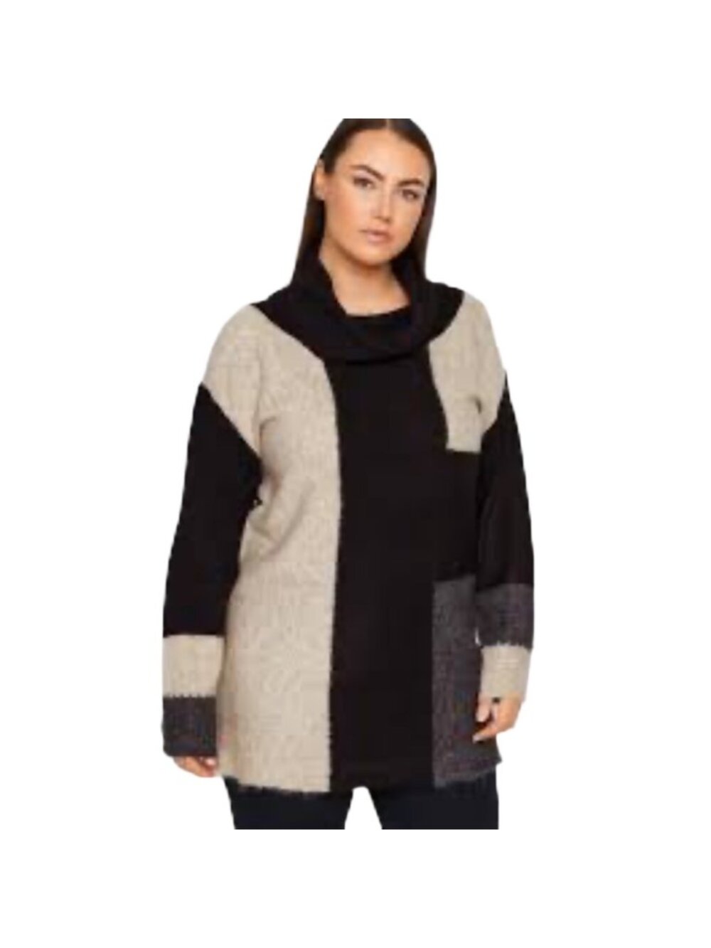 Evans Sweater 18 Plus Black Colorblock Slouchy Cowl Neck Knit Tunic Minimalist